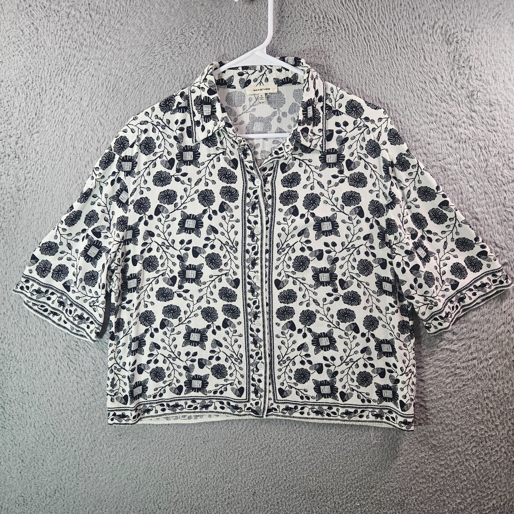 Max Studio Cropped Top Women Small Button Up Floral Print White Black